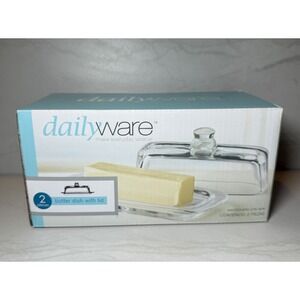 New In Box DailyWare Glass Butter Dish with Lid - Clear Glass Dishwasher Safe